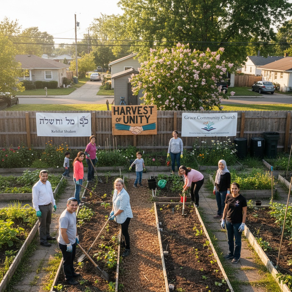 A diverse group of adults and children garden together in raised beds, with banners reading "Harvest of Unity," "Kehilat Shalom," and "Grace Community Church" displayed on a wooden fence behind them.